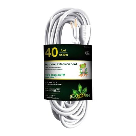 Gogreen SJTW Extension Cord, 16 AWG, Outdoor, 16/3, 1 Outlets, White, 40 ft GG-13740WH